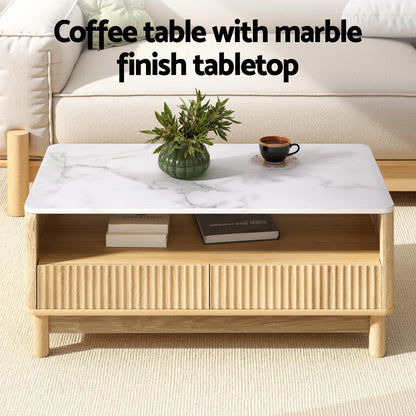 Coffee Table – Marble Finish Top, Wood and White with Drawer and Shelf