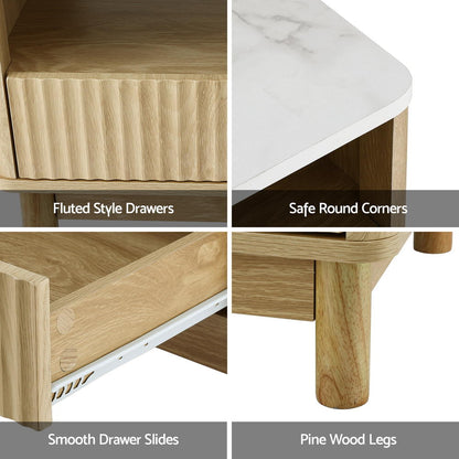 Coffee Table – Marble Finish Top, Wood and White with Drawer and Shelf