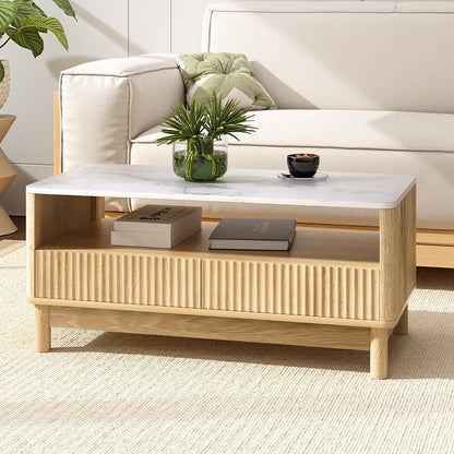 Coffee Table – Marble Finish Top, Wood and White with Drawer and Shelf