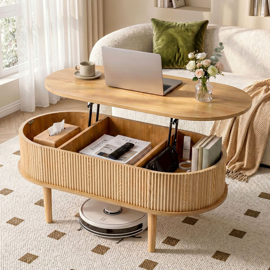 lift top coffee table with storage showcasing minimalistic design, hidden compartments, and warm timber textures.