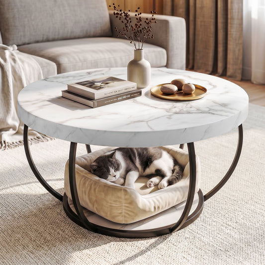 TWSC Coffee Table 2-Tier Marble Finish Round White&Black