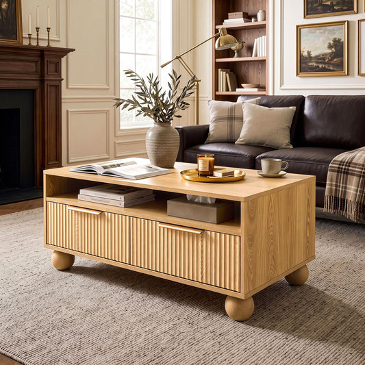 TWSC Coffee Table 90cm Center Table Fluted Drawers Open Shelf Spherical Solid Legs Wood
