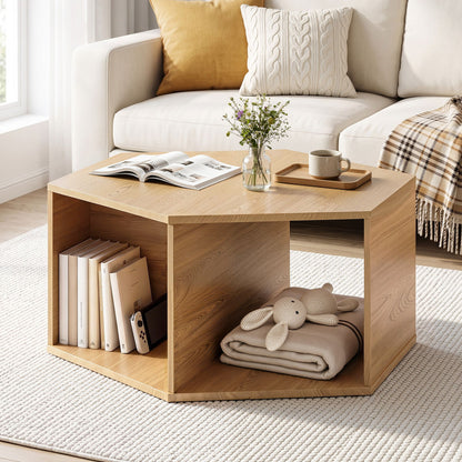 TWSC Coffee Table Hexagonal Center Table with Open Storage 2-Way Display Side Table Wood
