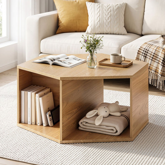 TWSC Coffee Table Hexagonal Center Table with Open Storage 2-Way Display Side Table Wood