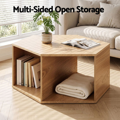 TWSC Coffee Table Hexagonal Center Table with Open Storage 2-Way Display Side Table Wood