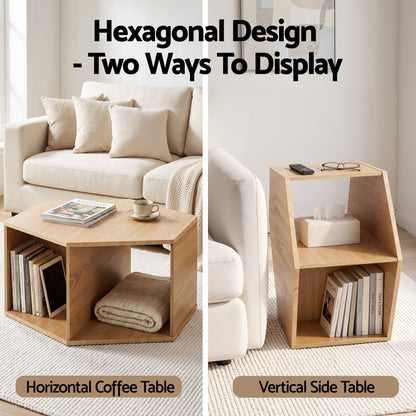 TWSC Coffee Table Hexagonal Center Table with Open Storage 2-Way Display Side Table Wood