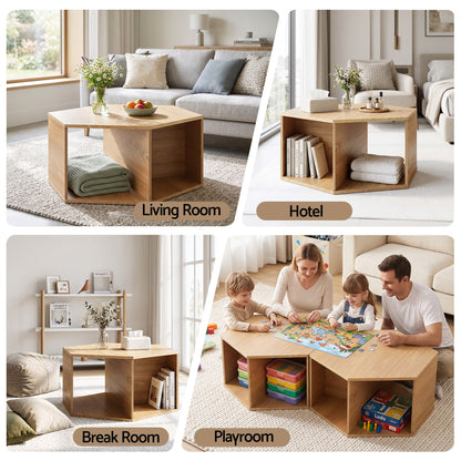 TWSC Coffee Table Hexagonal Center Table with Open Storage 2-Way Display Side Table Wood