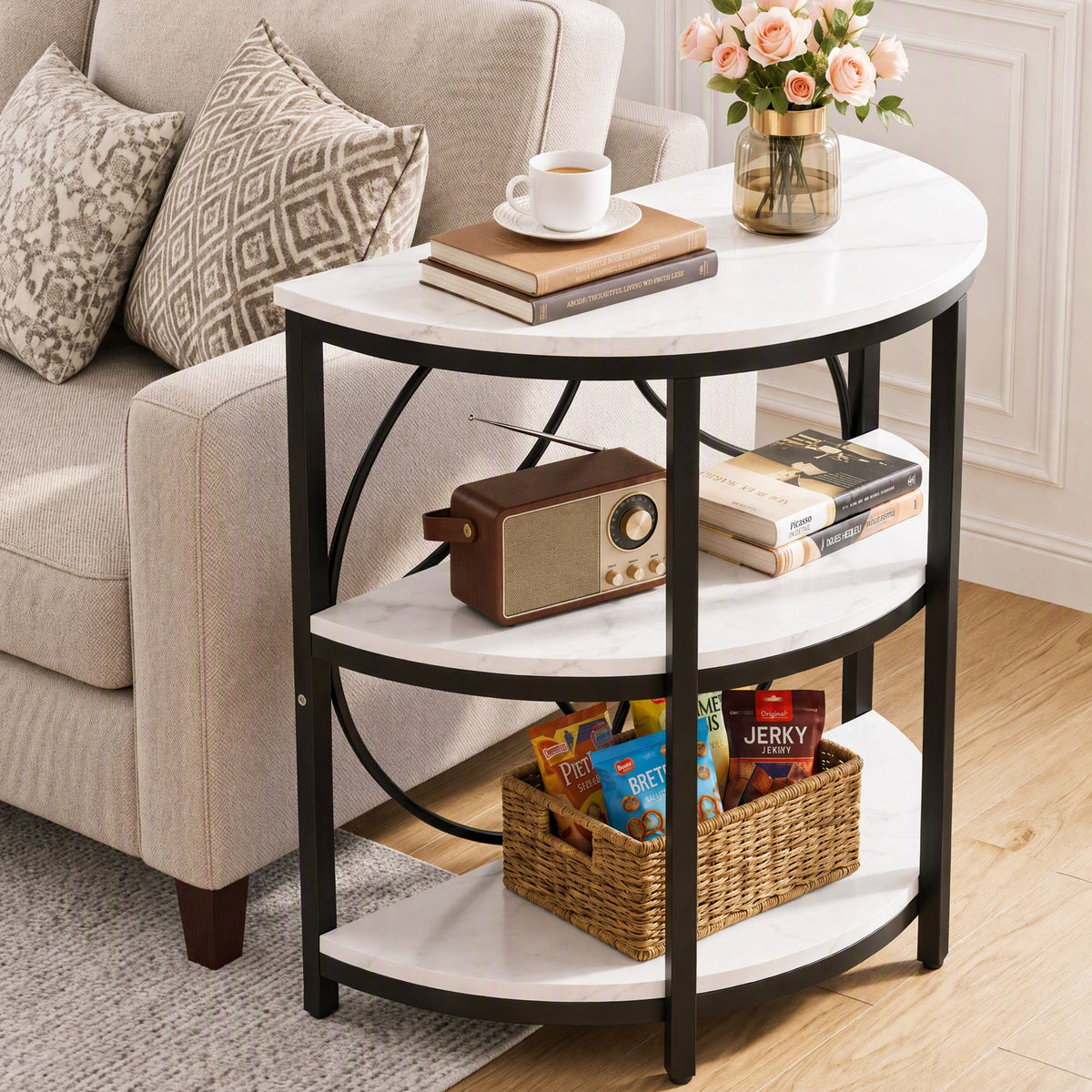 TWSC Semi-Circle End Table 3 Tier Coffee Table Side Nightstand Shelf Marble Effect White&Black