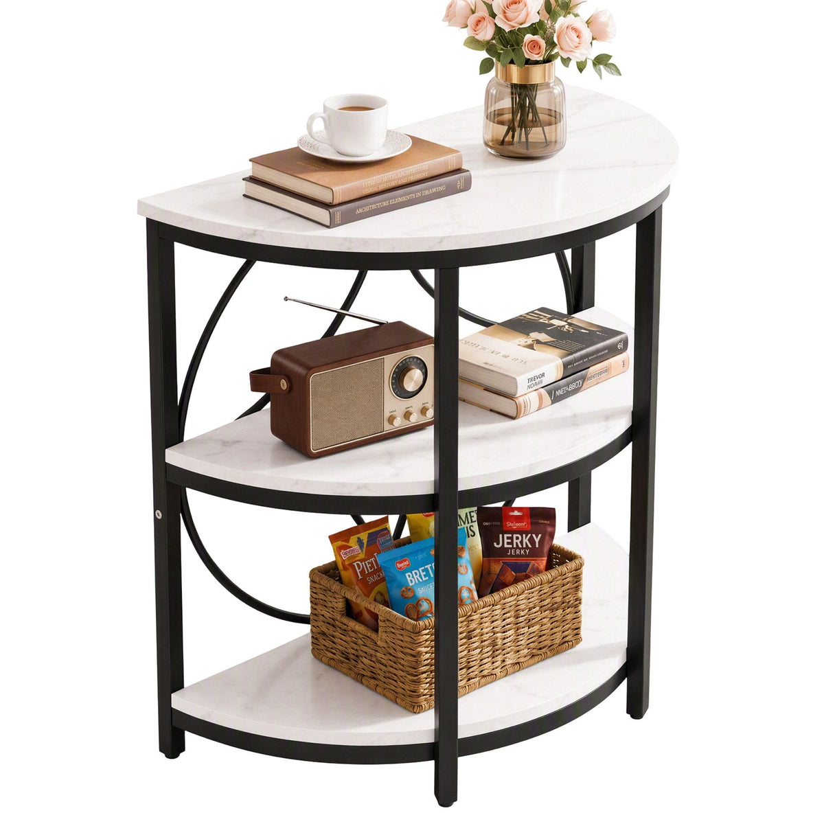 TWSC Semi-Circle End Table 3 Tier Coffee Table Side Nightstand Shelf Marble Effect White&Black