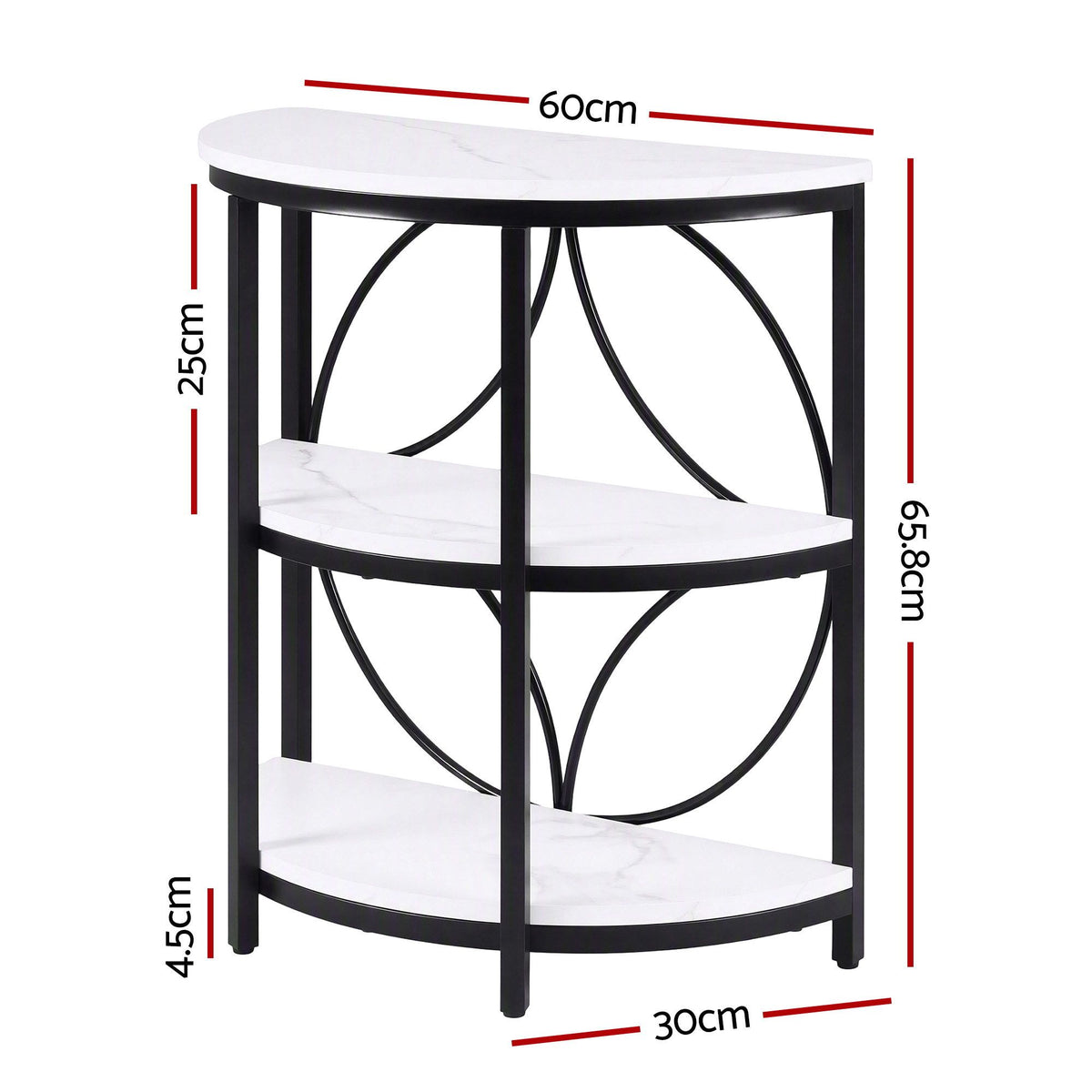 TWSC Semi-Circle End Table 3 Tier Coffee Table Side Nightstand Shelf Marble Effect White&Black