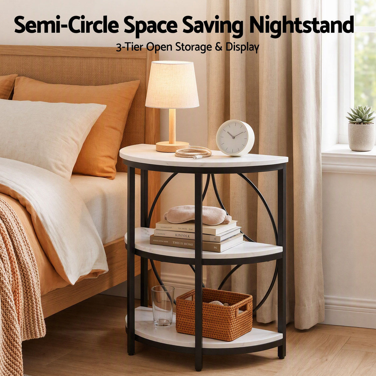 TWSC Semi-Circle End Table 3 Tier Coffee Table Side Nightstand Shelf Marble Effect White&Black