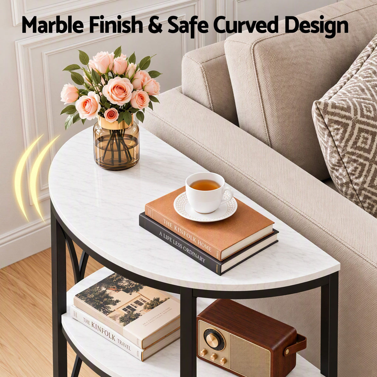 TWSC Semi-Circle End Table 3 Tier Coffee Table Side Nightstand Shelf Marble Effect White&Black