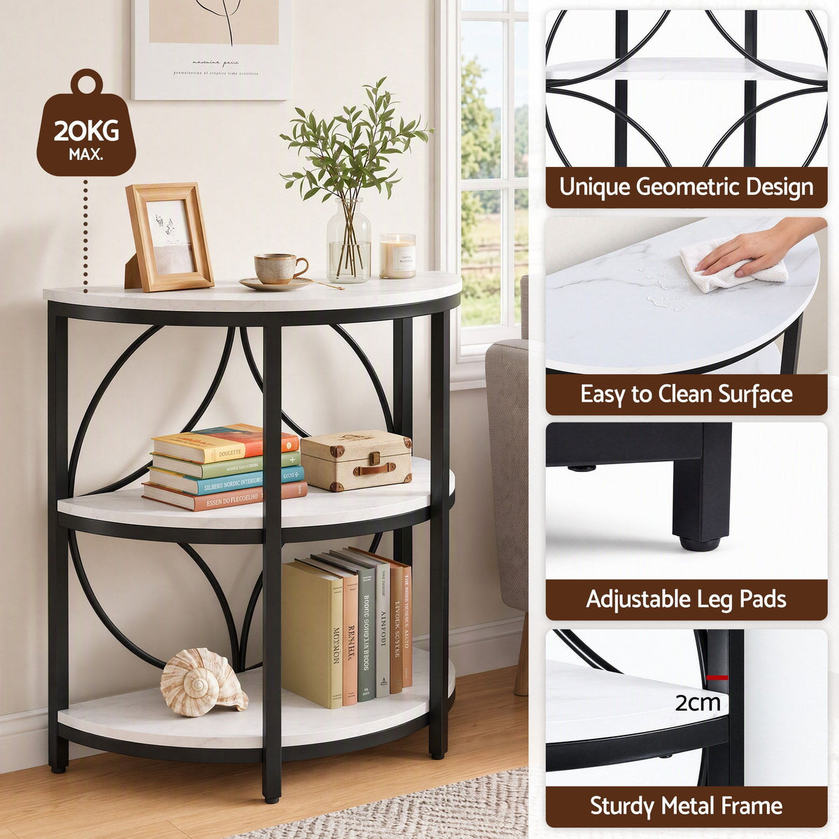 TWSC Semi-Circle End Table 3 Tier Coffee Table Side Nightstand Shelf Marble Effect White&Black