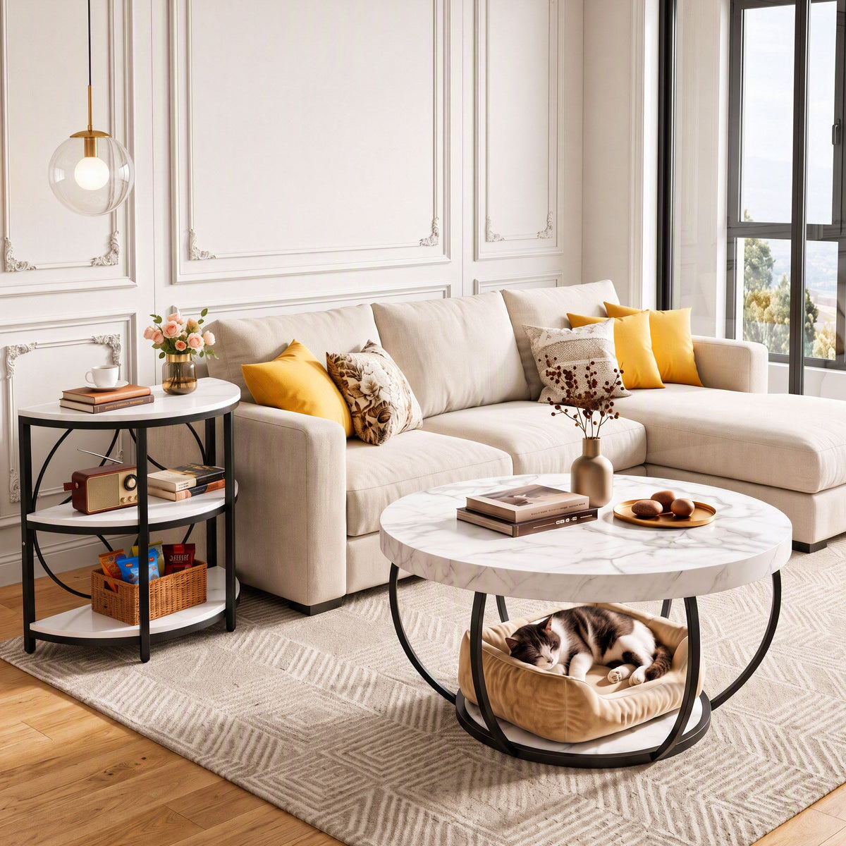 TWSC Semi-Circle End Table 3 Tier Coffee Table Side Nightstand Shelf Marble Effect White&Black