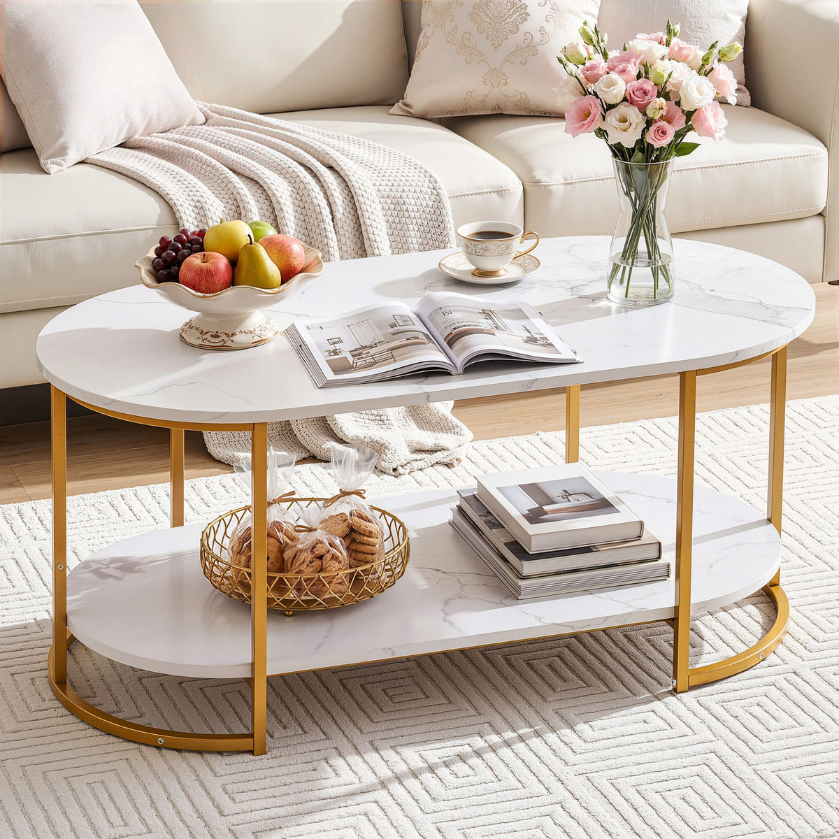 TWSC Table 2 Tier Oval Marble Finish Storage Shelf Metal Frame Center Table Living Room 100x50x45cm White & Gold