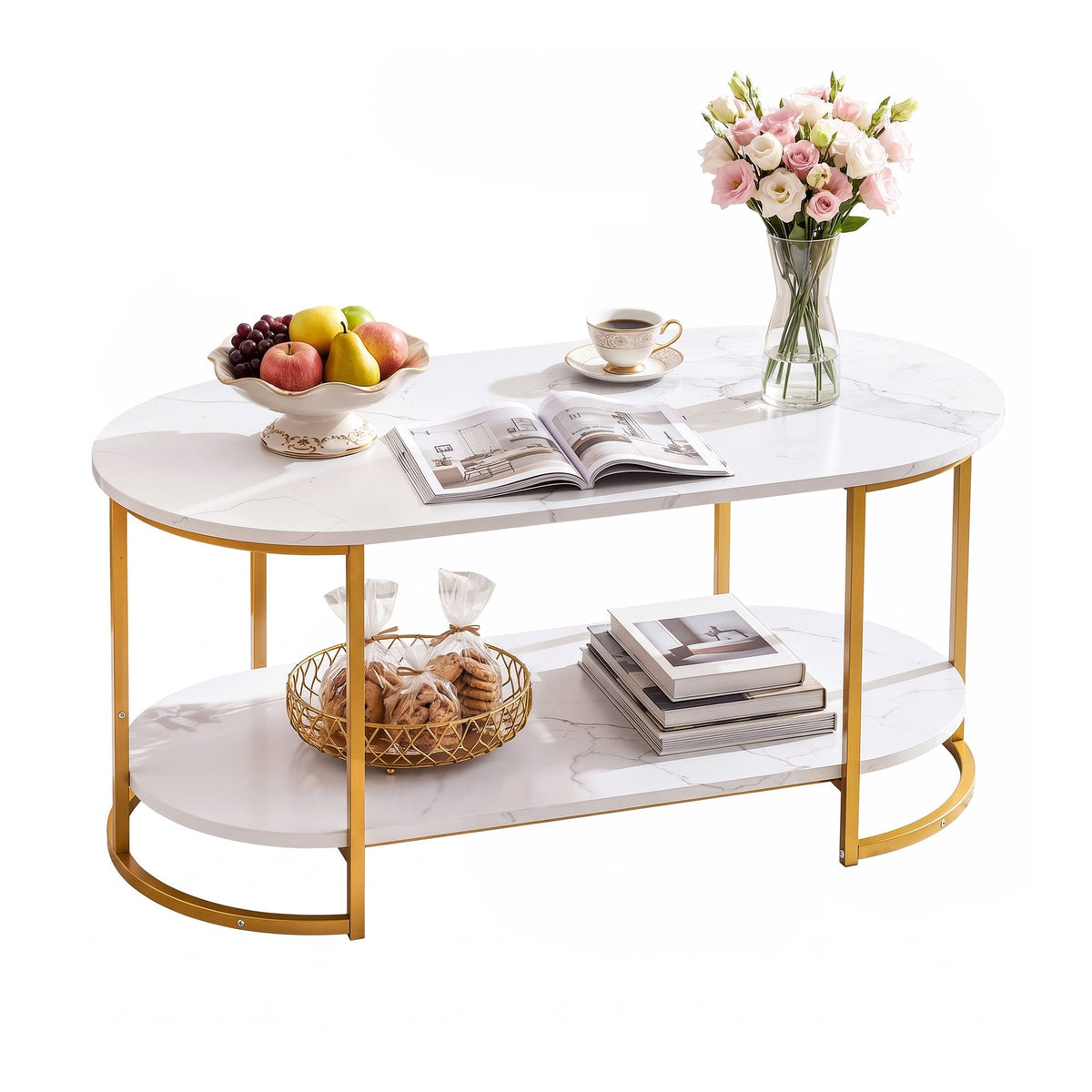 TWSC Table 2 Tier Oval Marble Finish Storage Shelf Metal Frame Center Table Living Room 100x50x45cm White & Gold