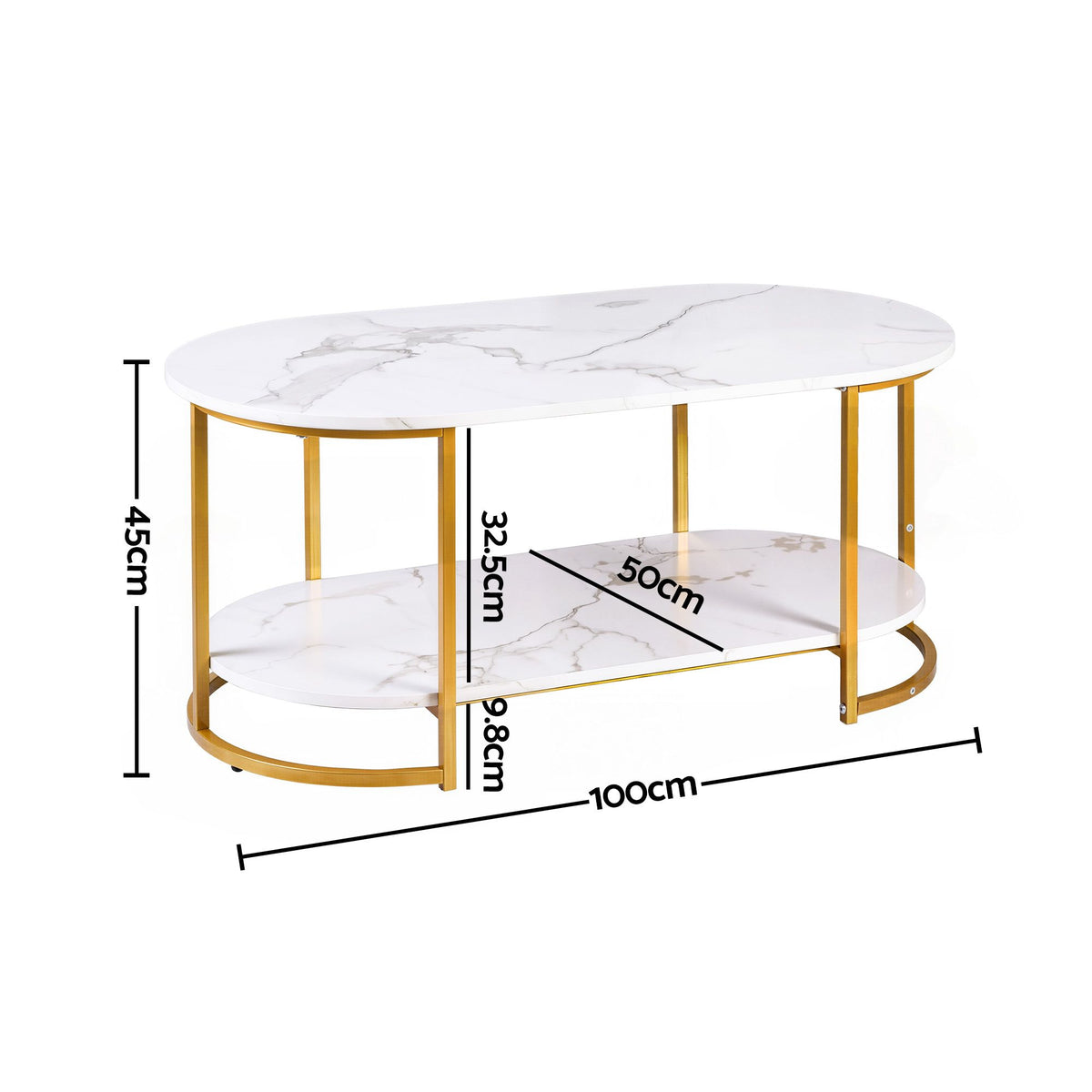 TWSC Table 2 Tier Oval Marble Finish Storage Shelf Metal Frame Center Table Living Room 100x50x45cm White & Gold