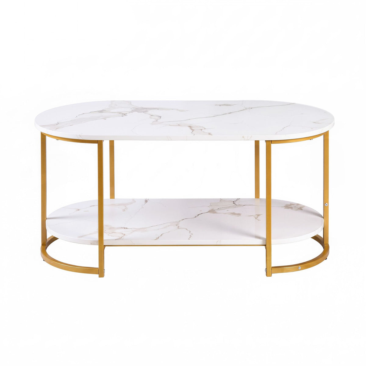 TWSC Table 2 Tier Oval Marble Finish Storage Shelf Metal Frame Center Table Living Room 100x50x45cm White & Gold