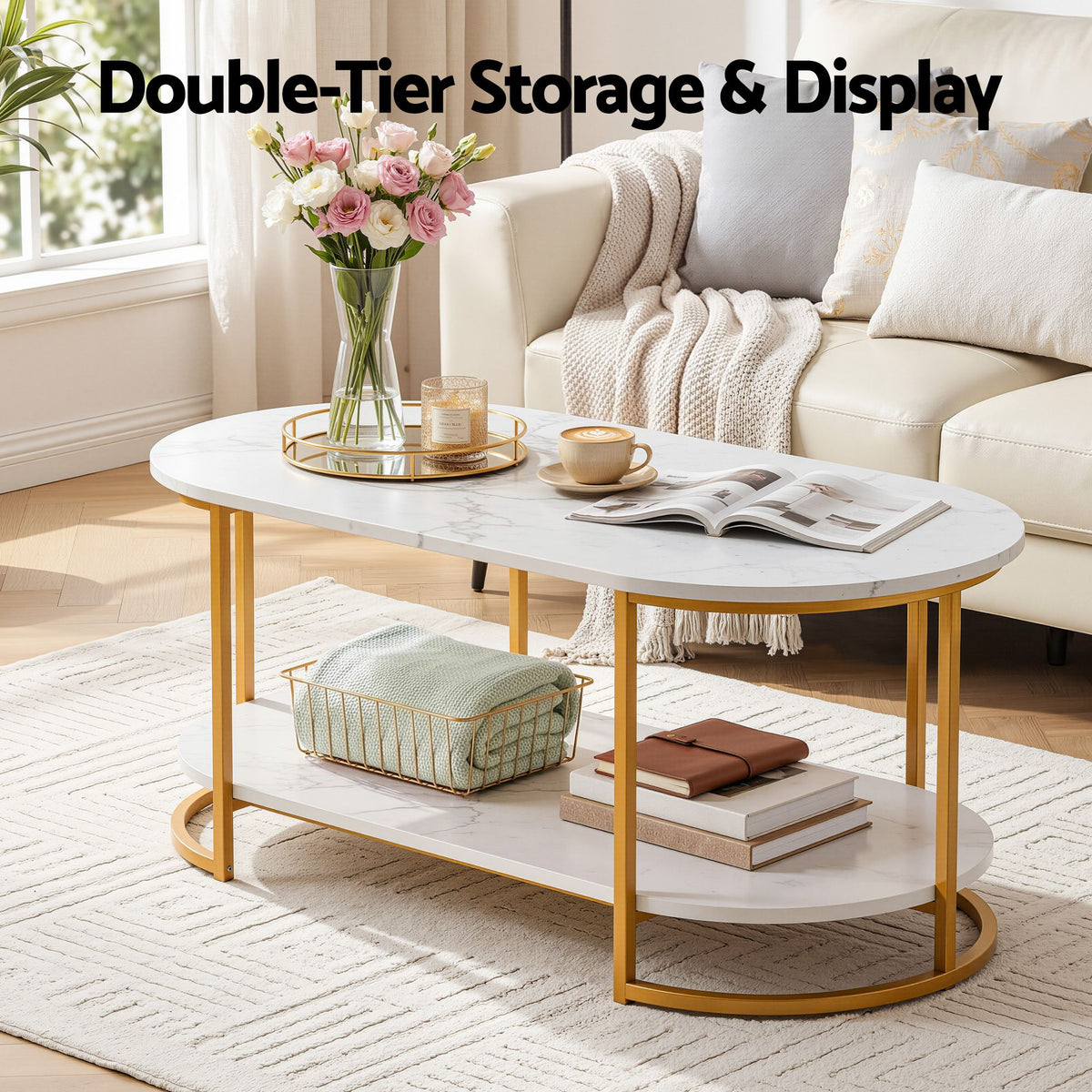 TWSC Table 2 Tier Oval Marble Finish Storage Shelf Metal Frame Center Table Living Room 100x50x45cm White & Gold