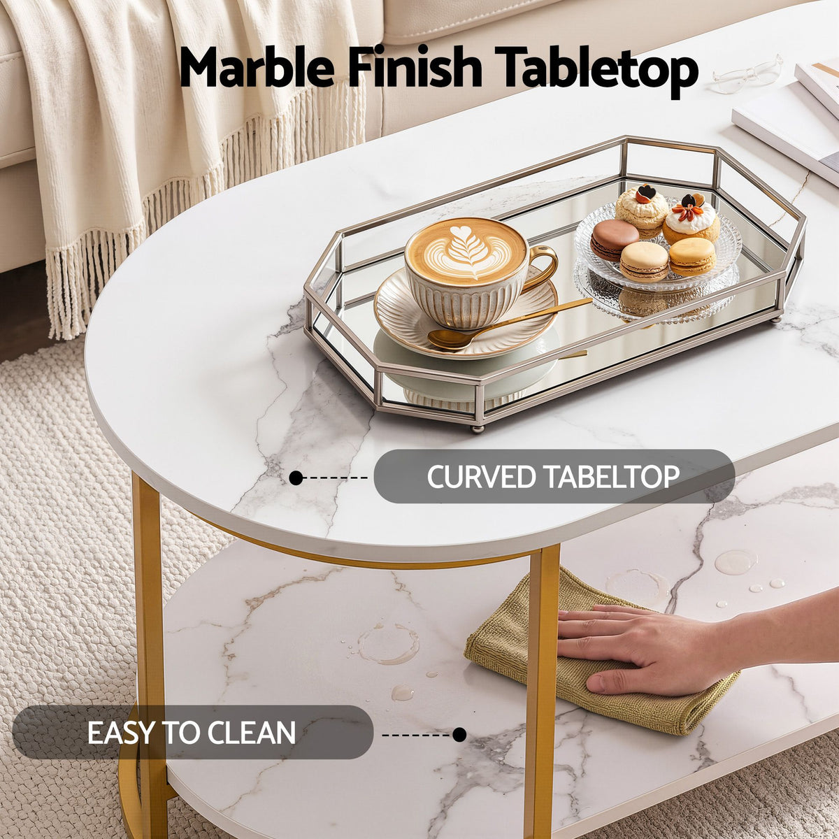 TWSC Table 2 Tier Oval Marble Finish Storage Shelf Metal Frame Center Table Living Room 100x50x45cm White & Gold