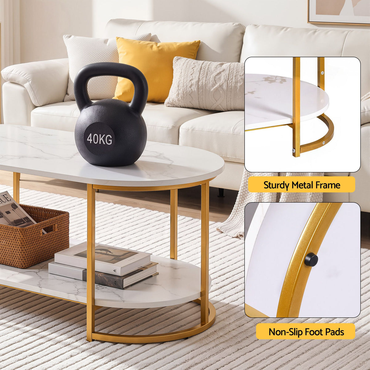 TWSC Table 2 Tier Oval Marble Finish Storage Shelf Metal Frame Center Table Living Room 100x50x45cm White & Gold