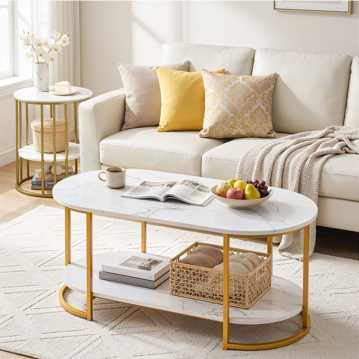 TWSC Table 2 Tier Oval Marble Finish Storage Shelf Metal Frame Center Table Living Room 100x50x45cm White & Gold