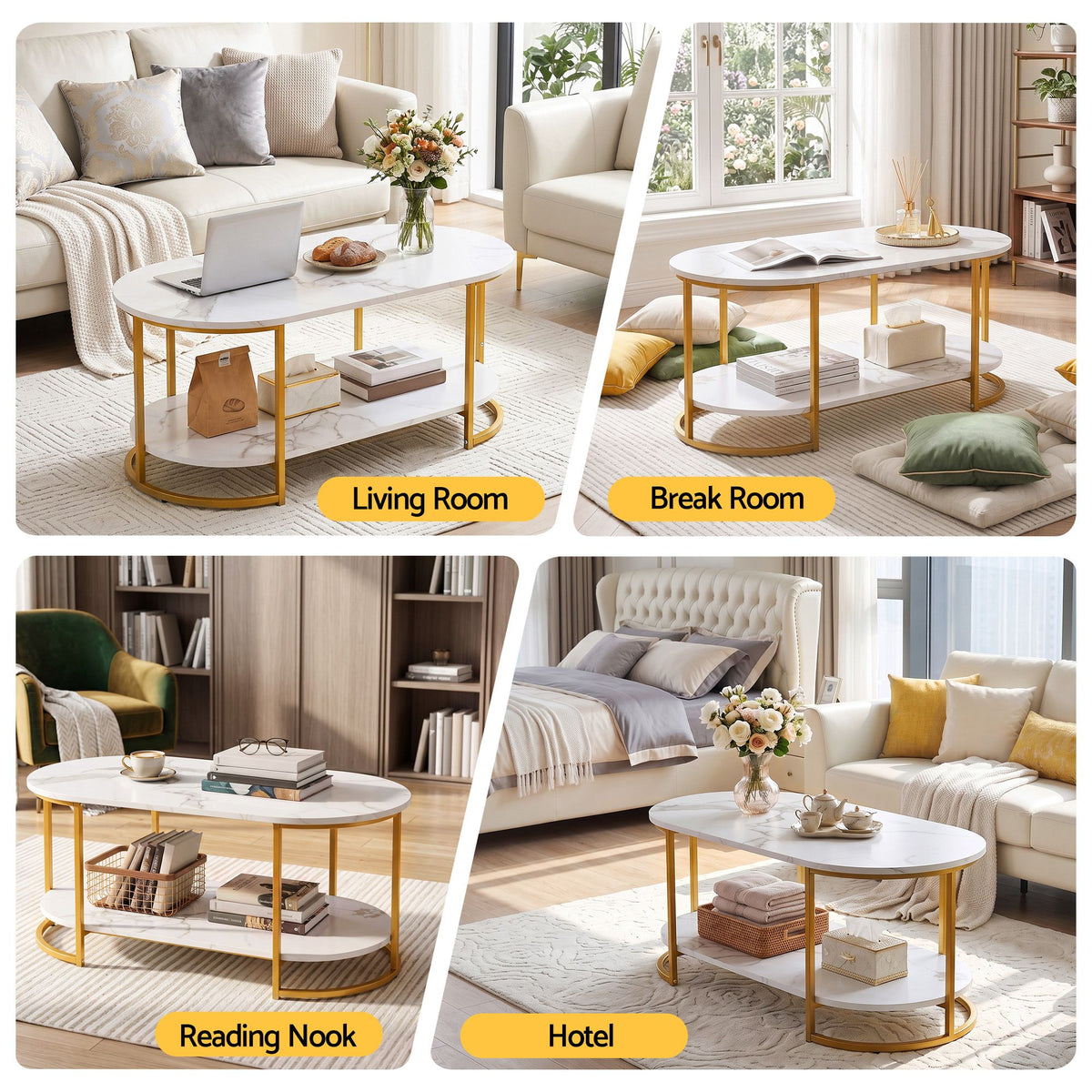 TWSC Table 2 Tier Oval Marble Finish Storage Shelf Metal Frame Center Table Living Room 100x50x45cm White & Gold