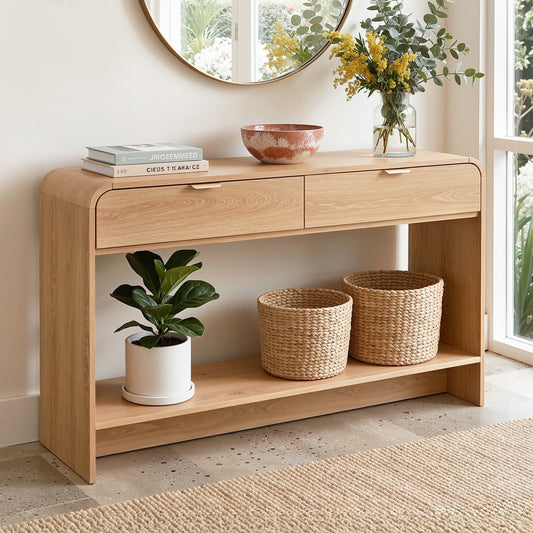 rustic pine console table with drawers, curved edges, plants, and woven baskets showcasing modern Australian style.