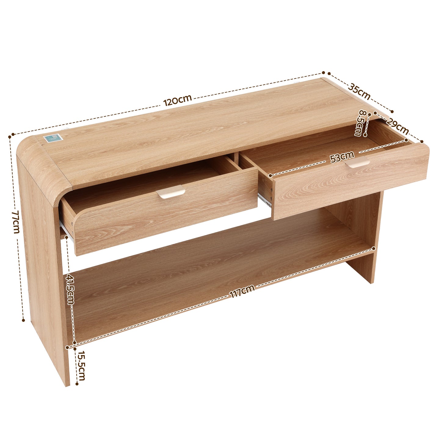 TWSC Console Table Hallway Entryway Storage Drawer Shelf Curved Edge 120CM Pine