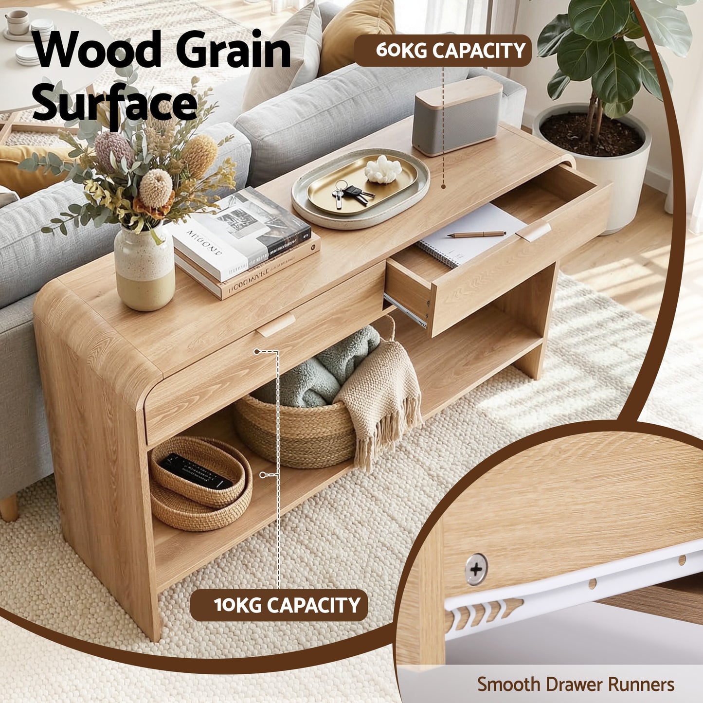 TWSC Console Table Hallway Entryway Storage Drawer Shelf Curved Edge 120CM Pine