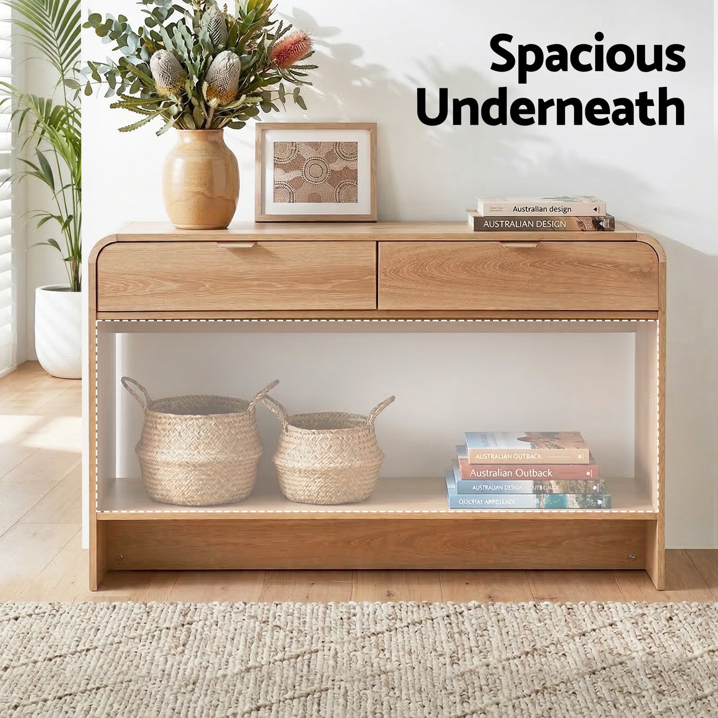 TWSC Console Table Hallway Entryway Storage Drawer Shelf Curved Edge 120CM Pine