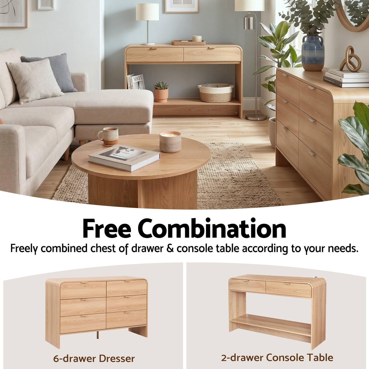 TWSC Console Table Hallway Entryway Storage Drawer Shelf Curved Edge 120CM Pine