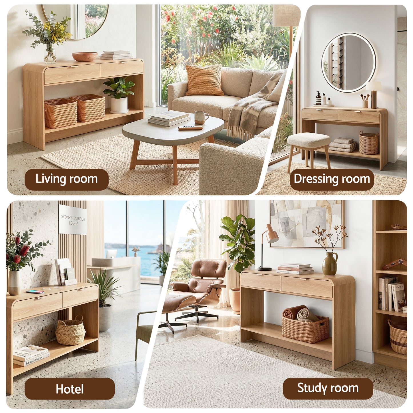 TWSC Console Table Hallway Entryway Storage Drawer Shelf Curved Edge 120CM Pine