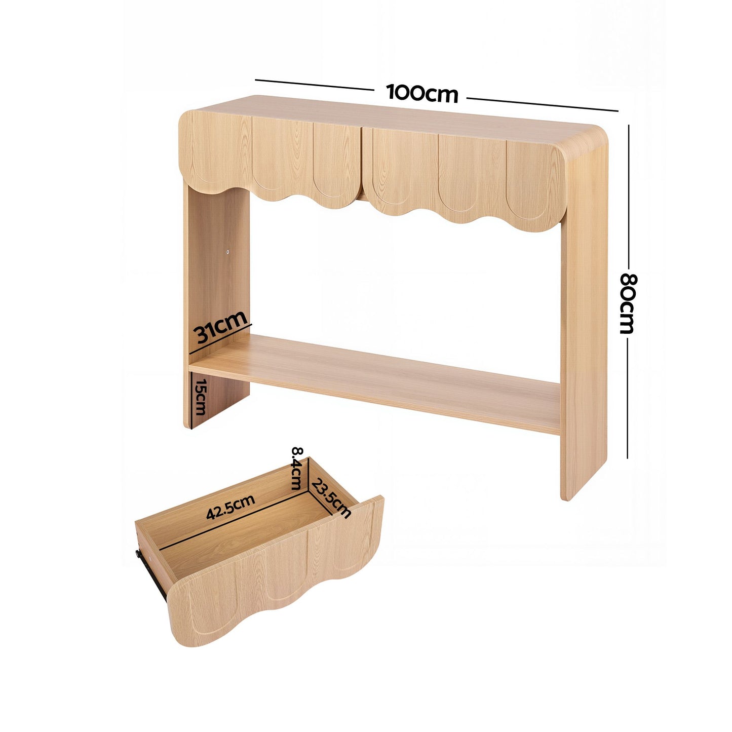 TWSC 2-Drawer Console Table, Scalloped Entryway Table with Safe Rounded Corners, 100 x 31 x 80 cm