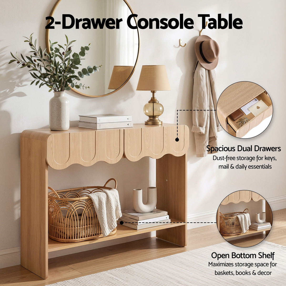 TWSC 2-Drawer Console Table, Scalloped Entryway Table with Safe Rounded Corners, 100 x 31 x 80 cm