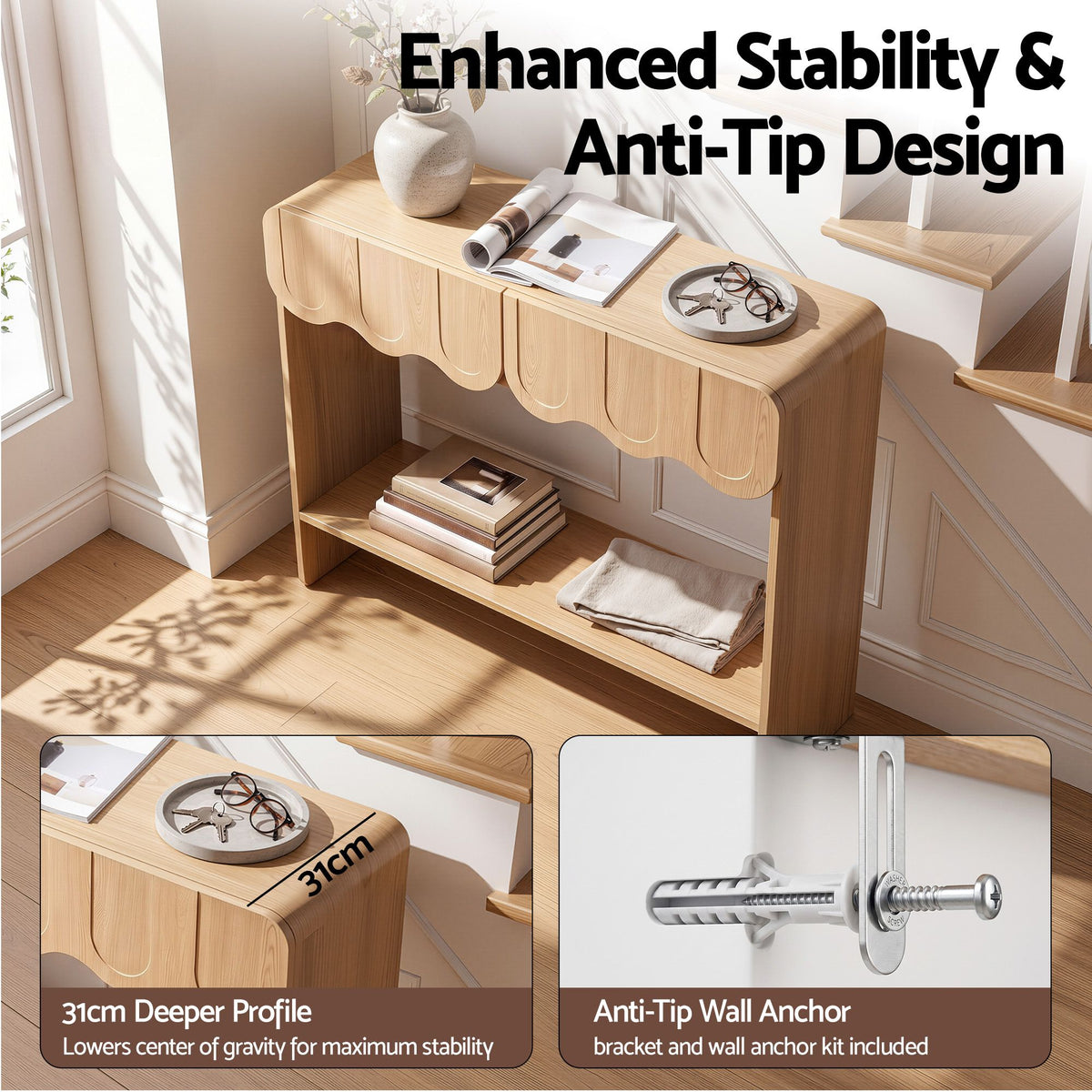 TWSC 2-Drawer Console Table, Scalloped Entryway Table with Safe Rounded Corners, 100 x 31 x 80 cm