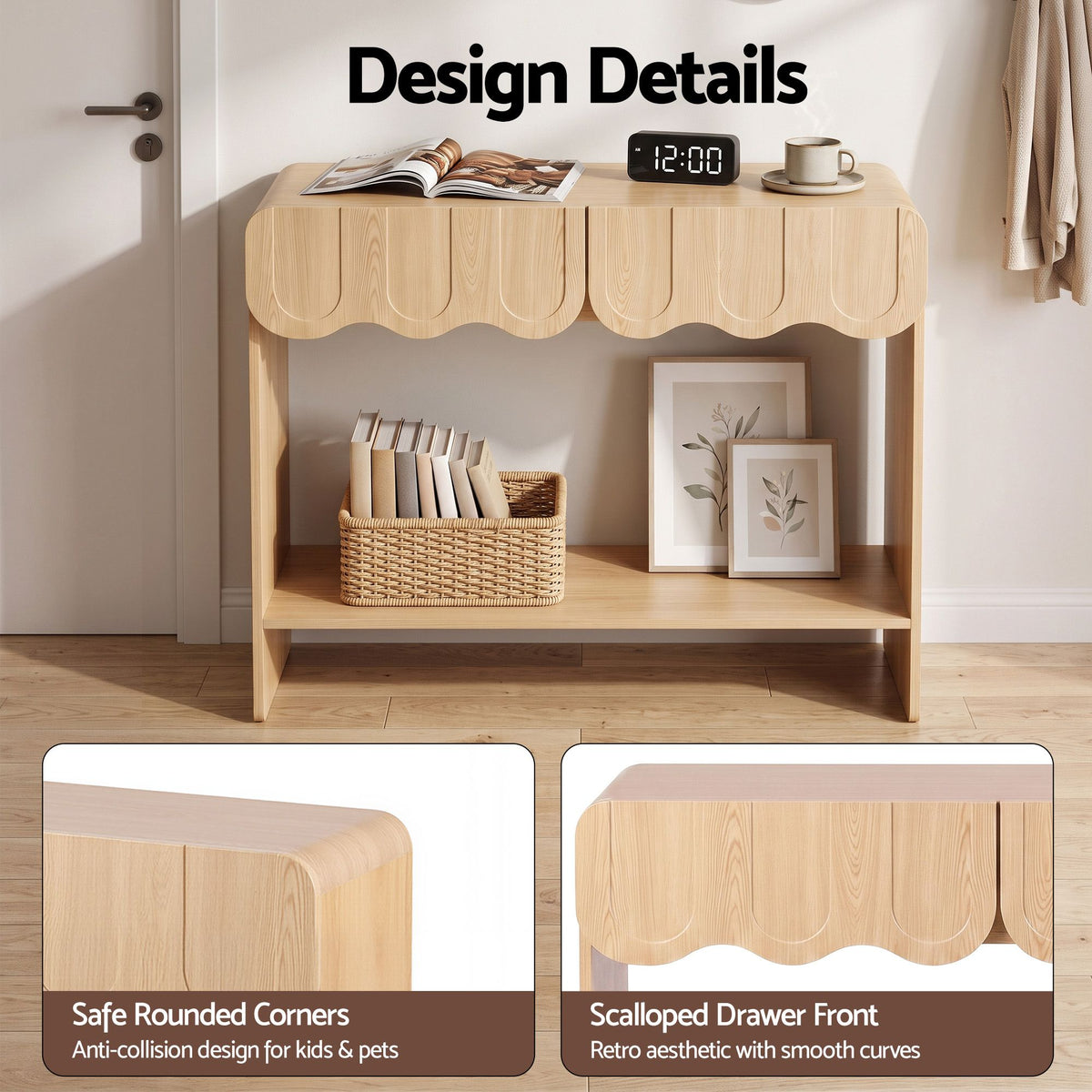 TWSC 2-Drawer Console Table, Scalloped Entryway Table with Safe Rounded Corners, 100 x 31 x 80 cm