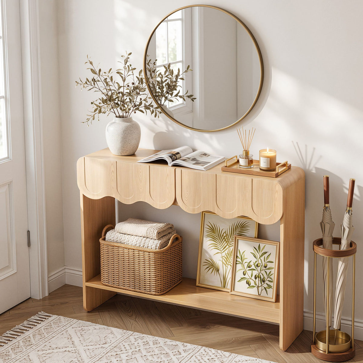 TWSC 2-Drawer Console Table, Scalloped Entryway Table with Safe Rounded Corners, 100 x 31 x 80 cm