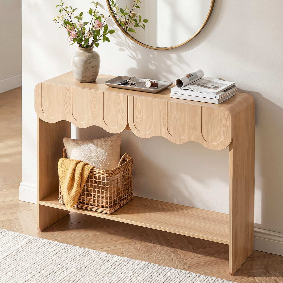 TWSC 2-Drawer Console Table, Scalloped Entryway Table with Safe Rounded Corners, 100 x 31 x 80 cm