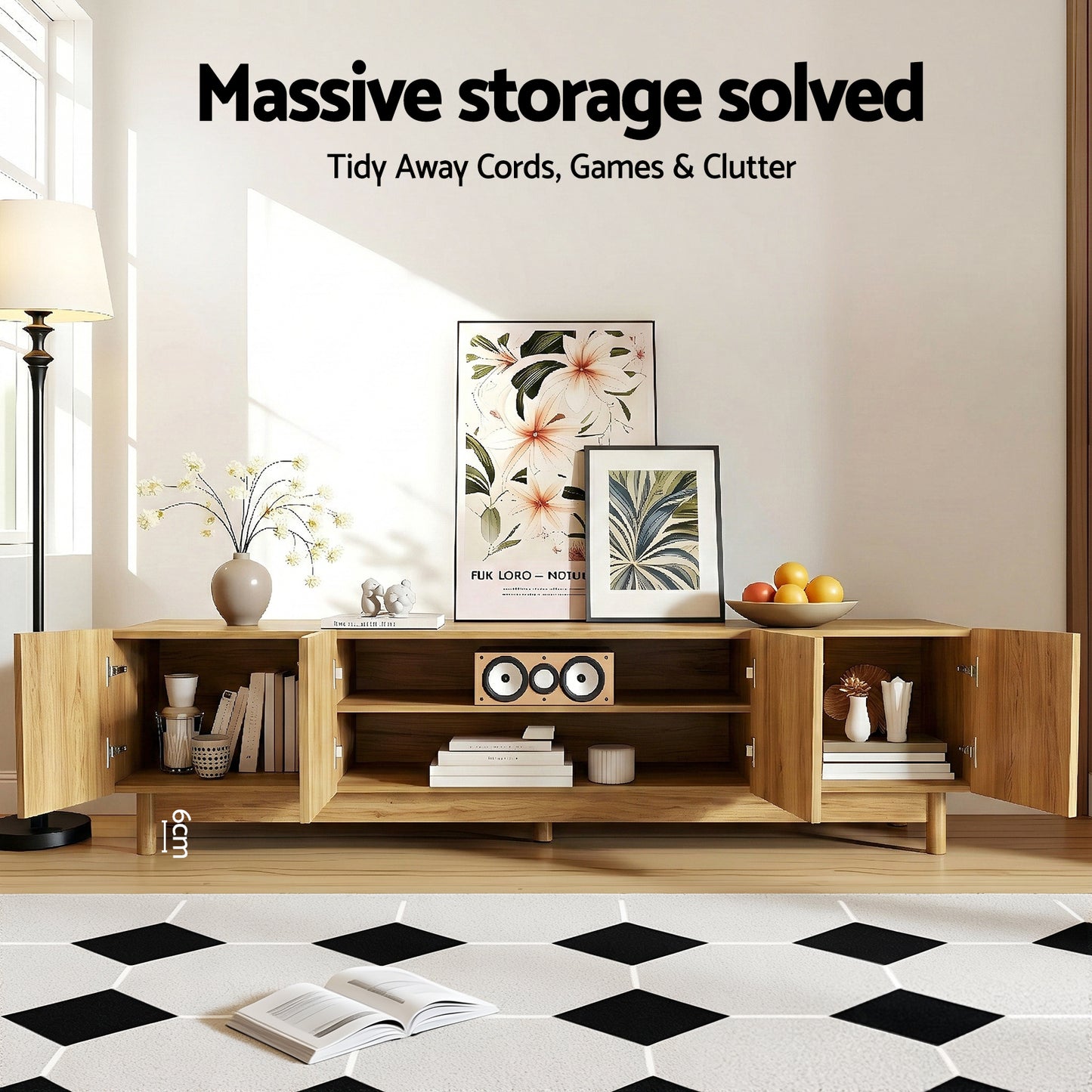 Entertainment Unit with Storage Cabinets – Pine, 180cm
