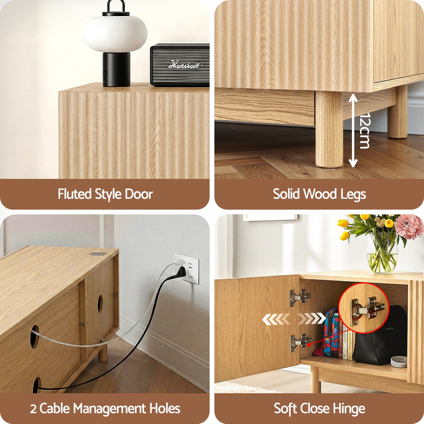 Entertainment Unit with Storage Cabinets – Pine, 180cm