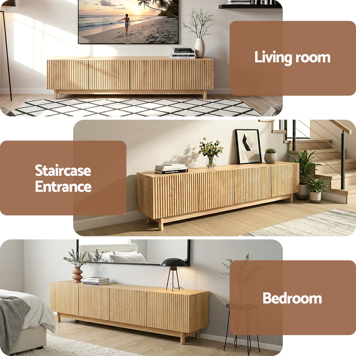 Entertainment Unit with Storage Cabinets – Pine, 180cm
