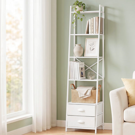 TWSC 5 Tier Bookshelf Ladder Bookcase with Fabric Drawers Display Rack White