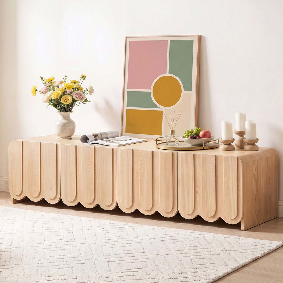 TWSC 180cm TV Unit Scalloped Entertainment Cabinet w/ Adjustable Shelves Wood