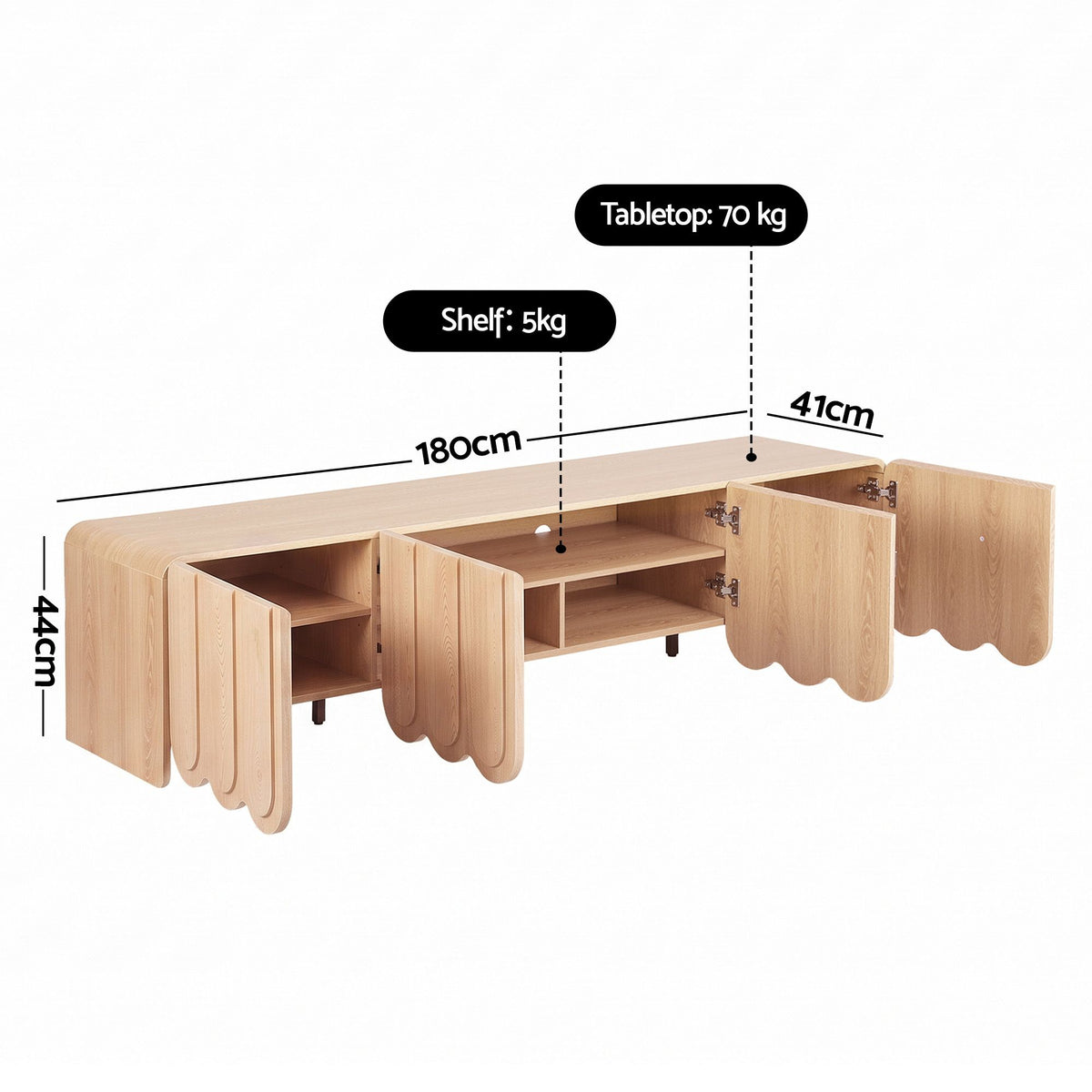 TWSC 180cm TV Unit Scalloped Entertainment Cabinet w/ Adjustable Shelves Wood