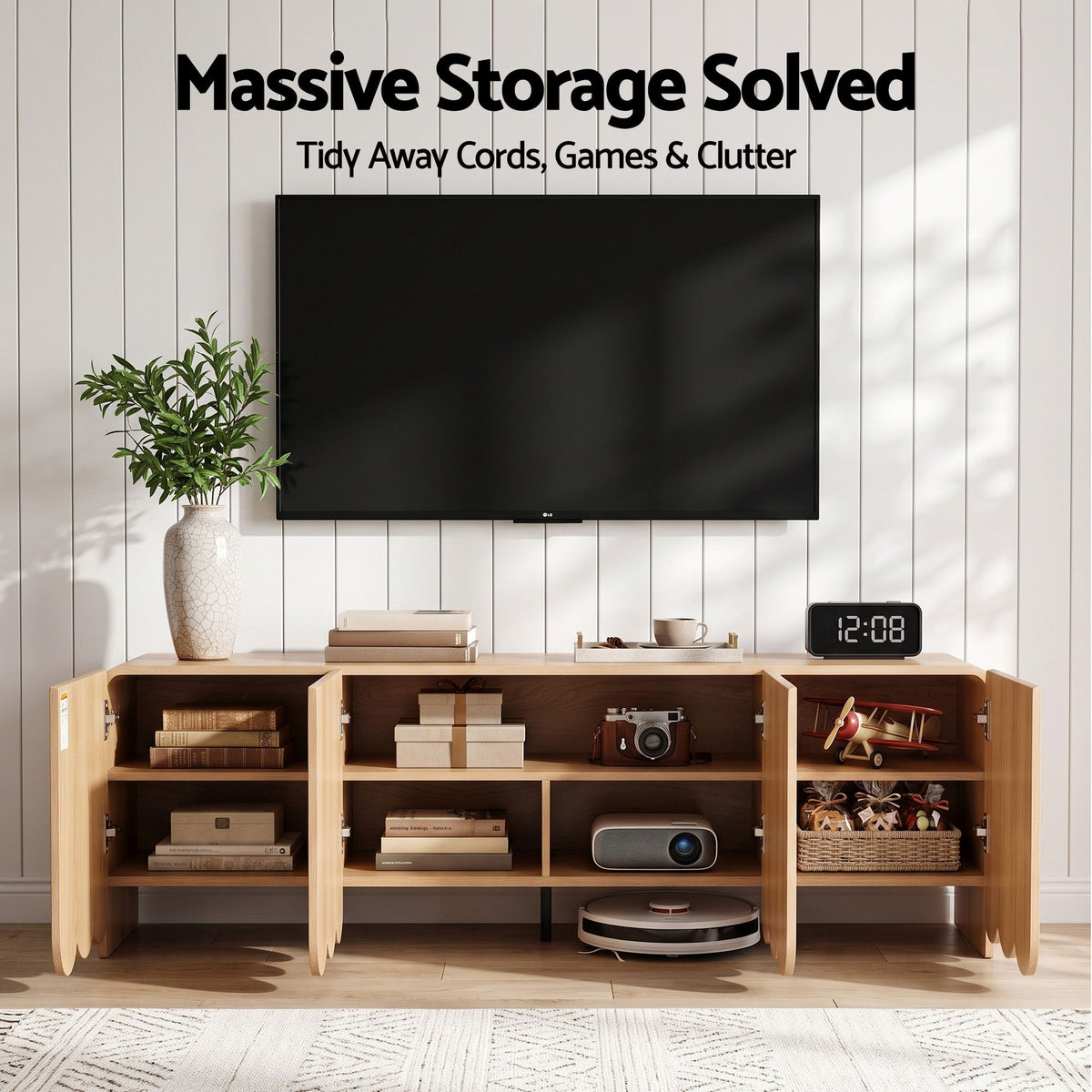 TWSC 180cm TV Unit Scalloped Entertainment Cabinet w/ Adjustable Shelves Wood