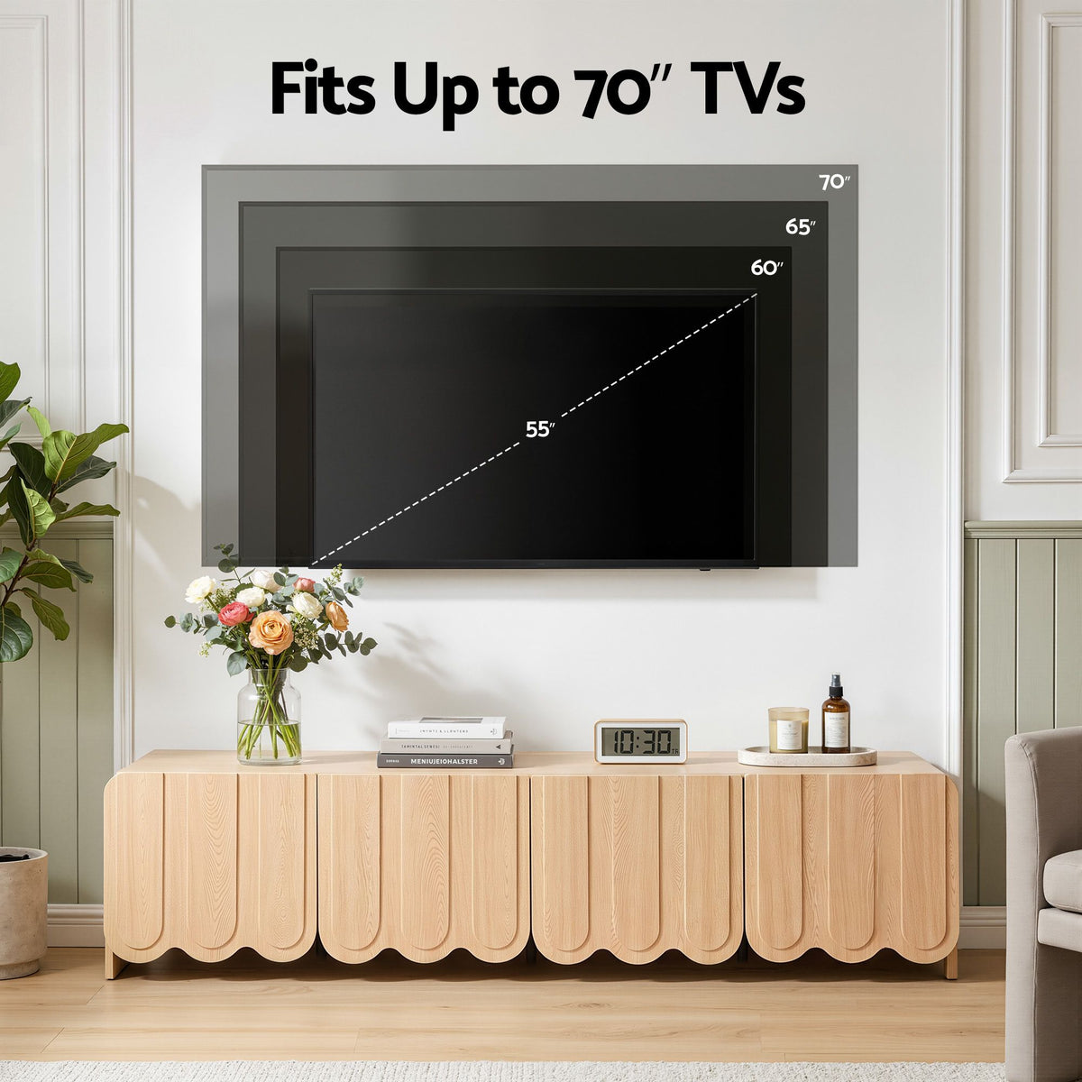 TWSC 180cm TV Unit Scalloped Entertainment Cabinet w/ Adjustable Shelves Wood