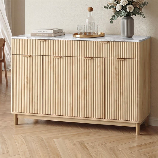 TWSC Buffet Sideboard Cabinet Kitchen Storage Cupboard Marble 2 Drawers Pine