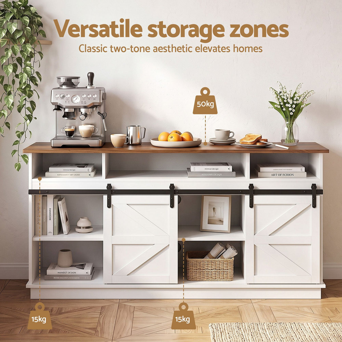 TWSC Buffet Sideboard Cabinet 150cm 3-Tier Kitchen Storage Sliding Doors White