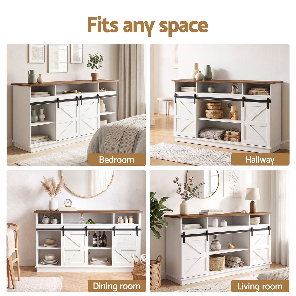 TWSC Buffet Sideboard Cabinet 150cm 3-Tier Kitchen Storage Sliding Doors White